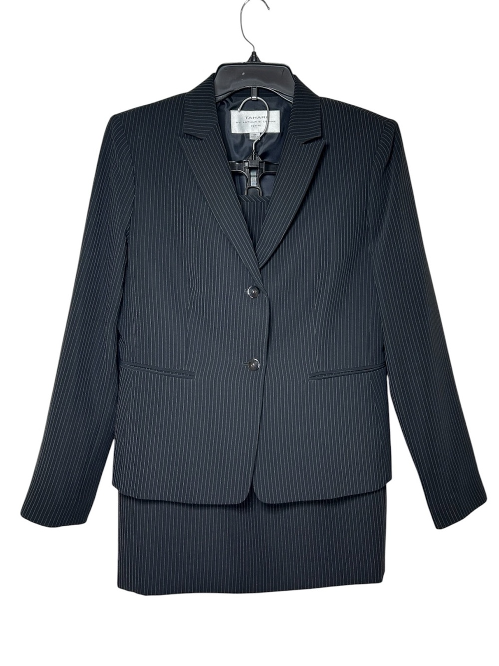 Tahari ASL 2 Pcs Set Black Pinstripe Jacket 8P Skirt 10P‎ Office Carrier Preppy